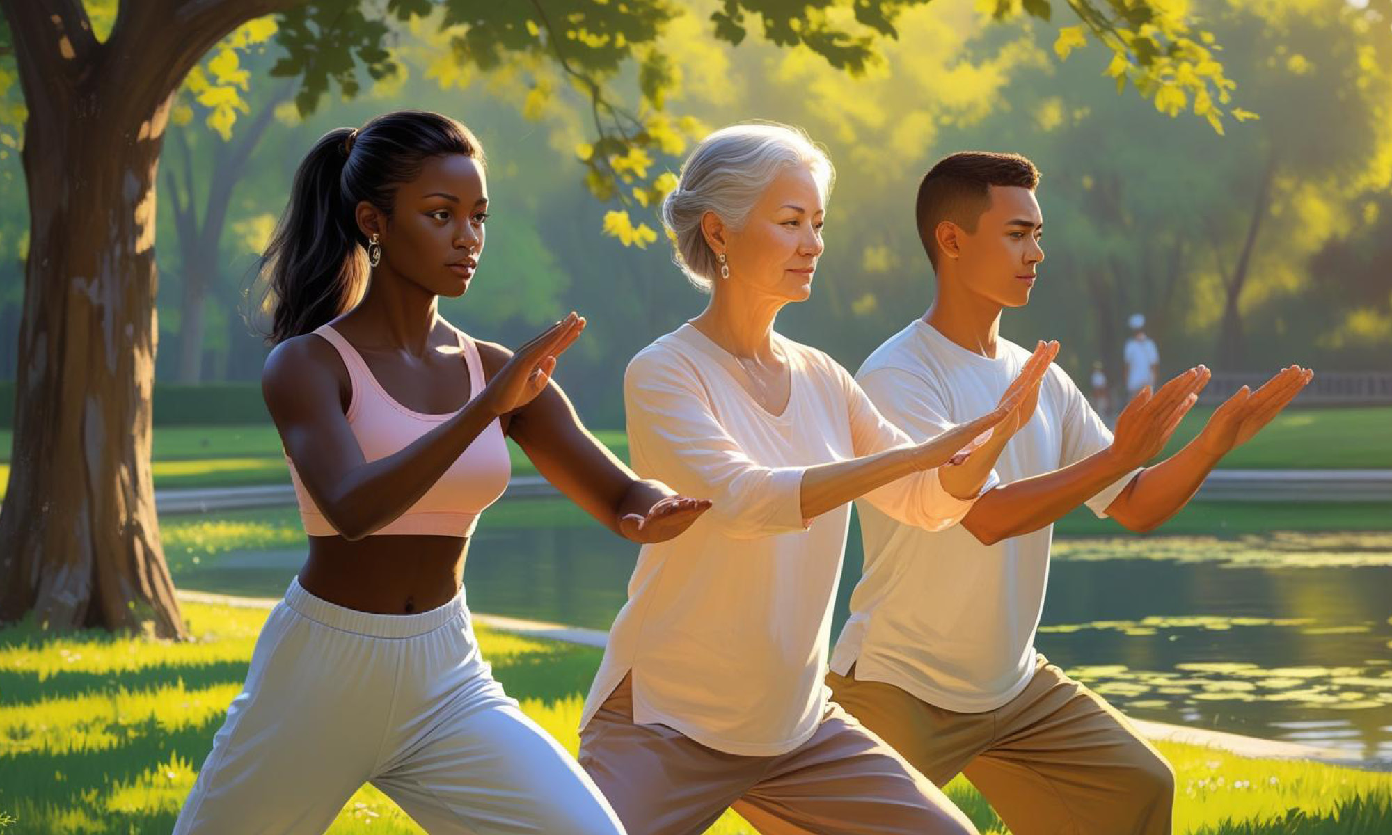 Drei Menschen üben Qi-gong in einem sonnigen Park aus.