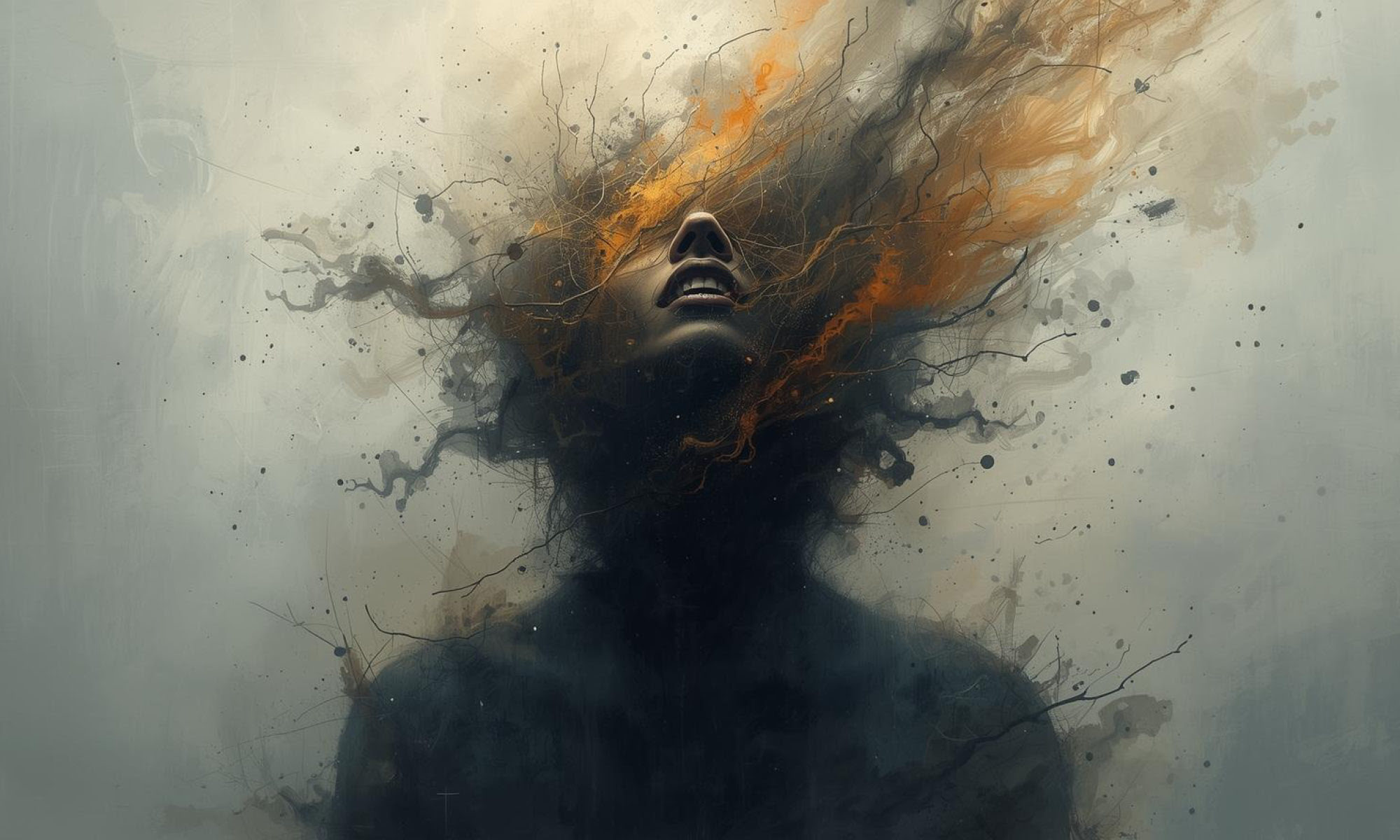 Illustration einer sich in schwarze und orange Farbe auflösenden Person.